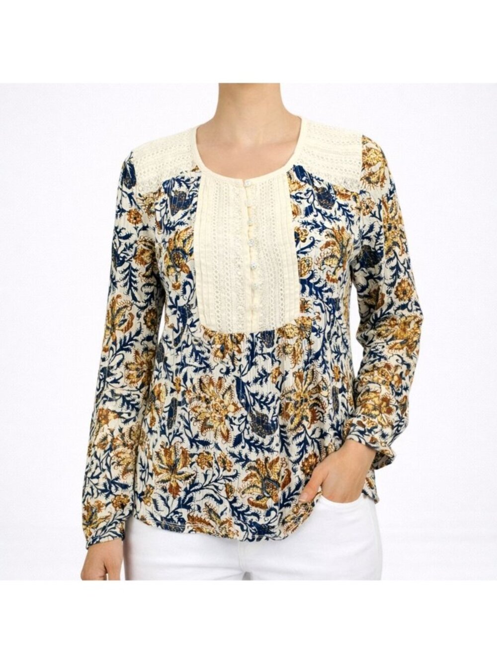 Lucky Brand Womens Boho Henley Top Lace Yoke Floral Knit Long Sleeves Size S